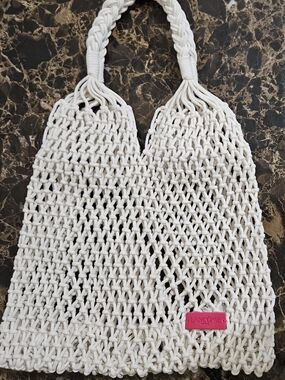 Lancôme Cream Macramé Tote with Pink Logo Patch